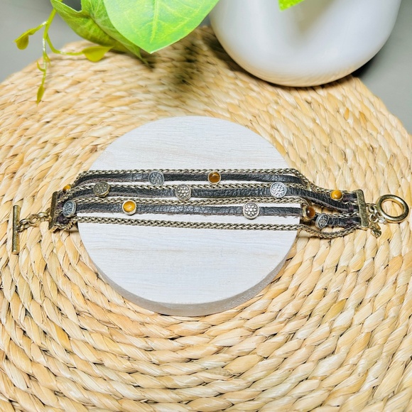 Lucky Brand Jewelry - LUCKY Brand Multi Strand Tigers Eye Brown Suede & Brass Tone Chain Bracelet